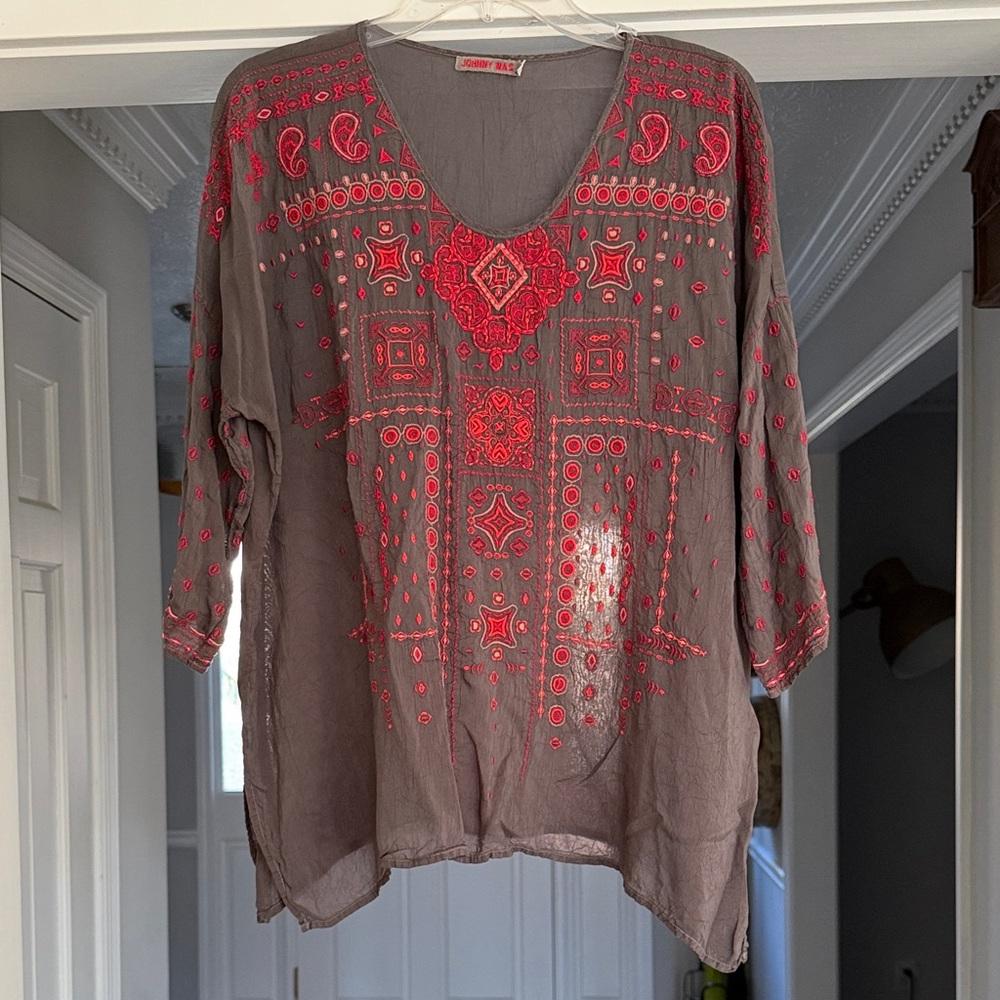 Johnny Was Charcoal and Red Embroidered Tunic